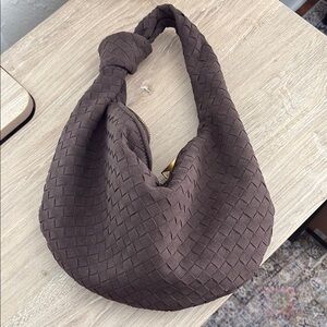 Brown suede woven shoulder bag